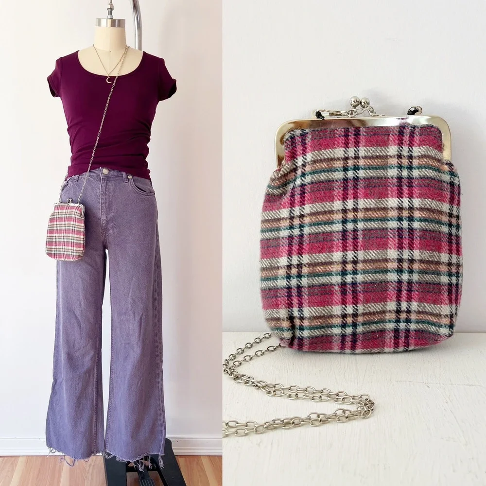 Nanette Lepore Crossbody Bag Pink Plaid Kiss Lock‎ Silver Chain Strap Small